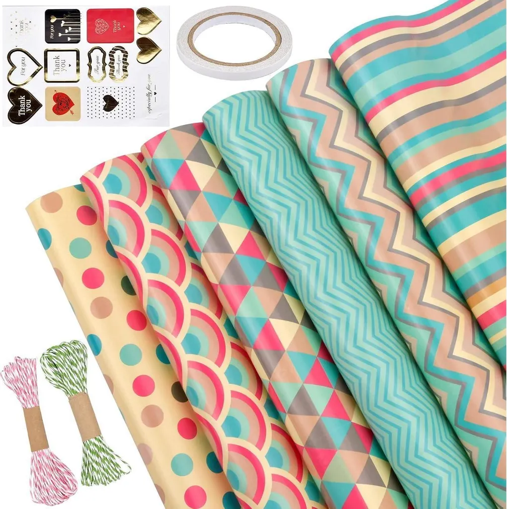 Set de papier cadeau complet avec corde en papier et autocollants variés
