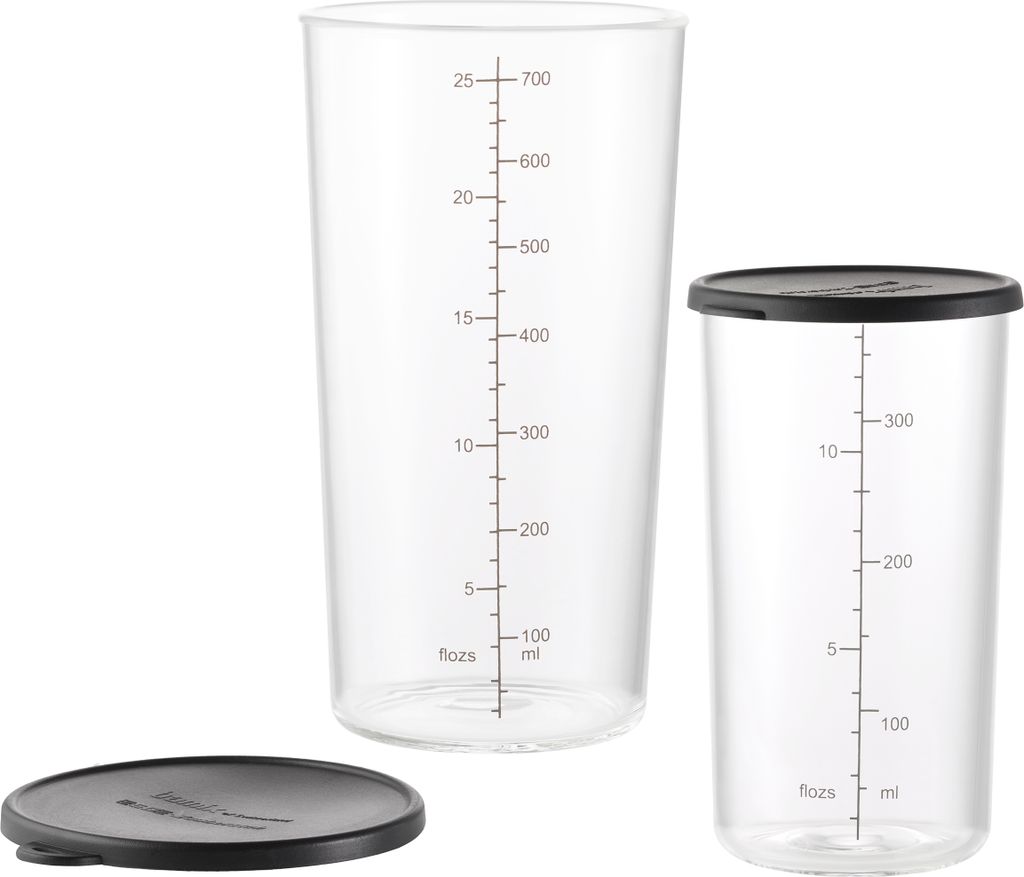 Das Unold ESGE-Zauberstab Becherset-Glas umfasst zwei klare, zylindrische Glasbehälter mit schwarzem