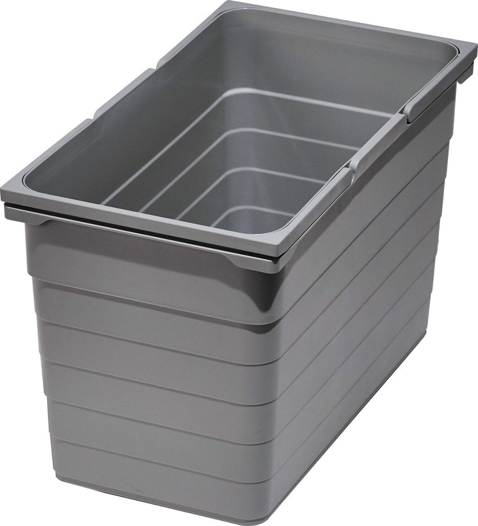 A gray plastic trash can with a ribbed exterior and a stepped interior.