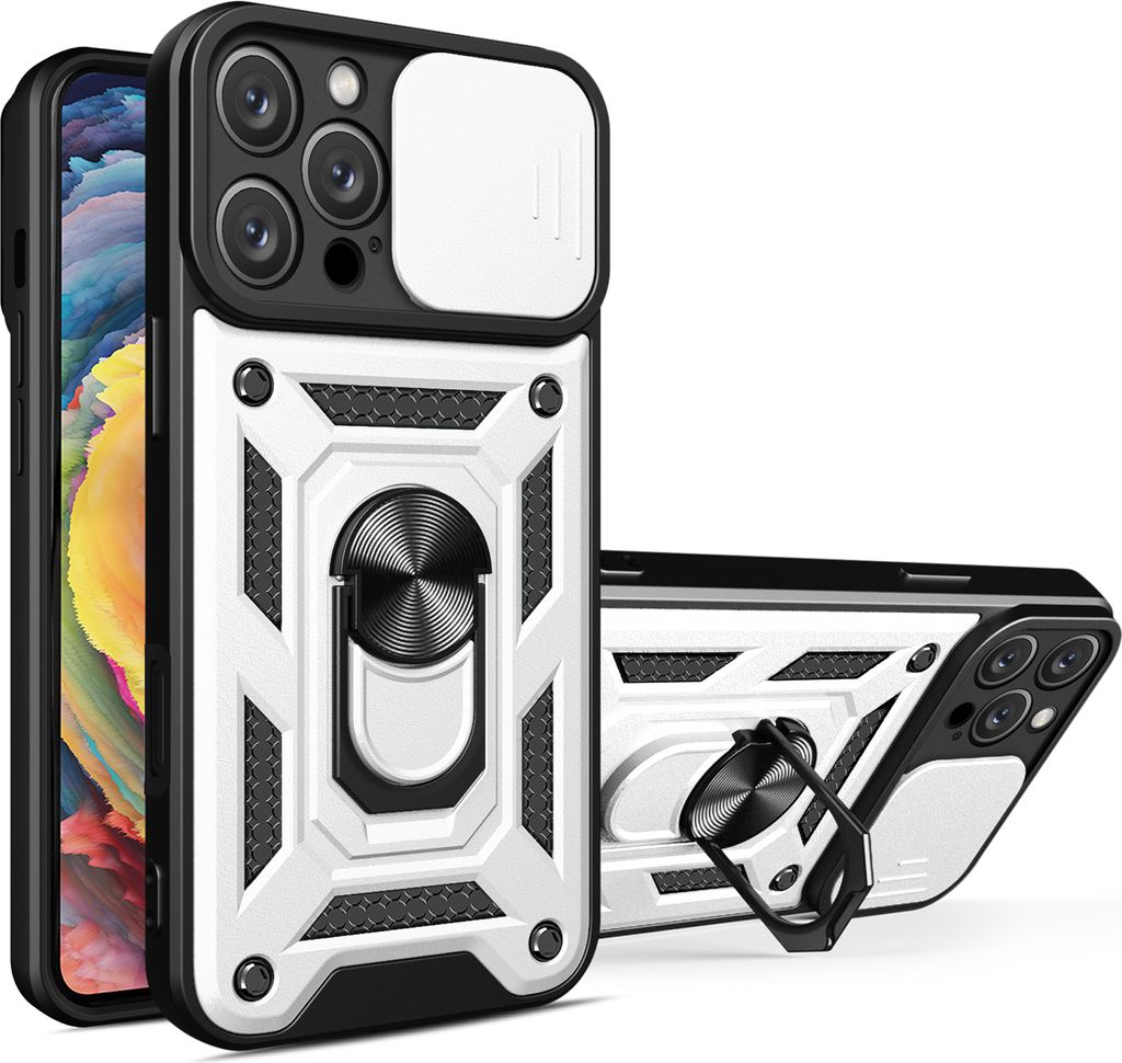 iPhone 16 Pro / Pro Max Panzer Hülle – Silber mit Kameraschutz und Ringhalter
