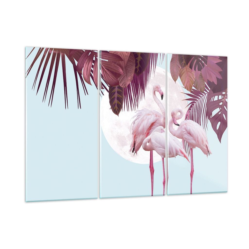 Bilder auf glas - 3 Teile - Flamingos Palmen Mond - 105x70cm - Glasbilder - Wandbilder - Bilder - zum Aufhängen bereit - Wanddekoration aus Glas -...