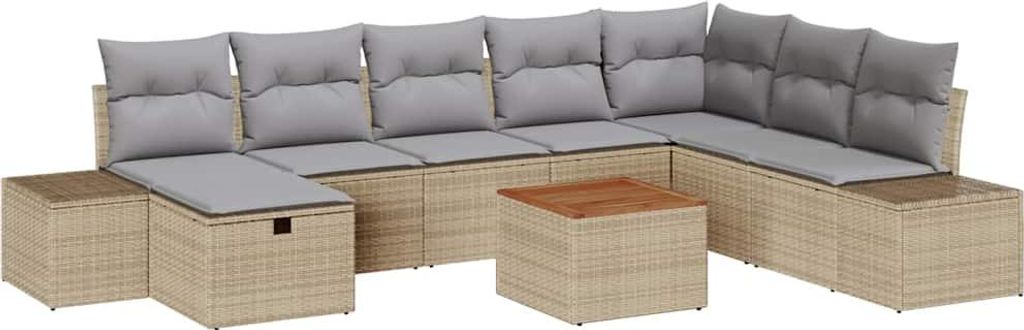 Gartensofa-set mit Kissen mit Speicher 9 pcs Beige Poly Rattan