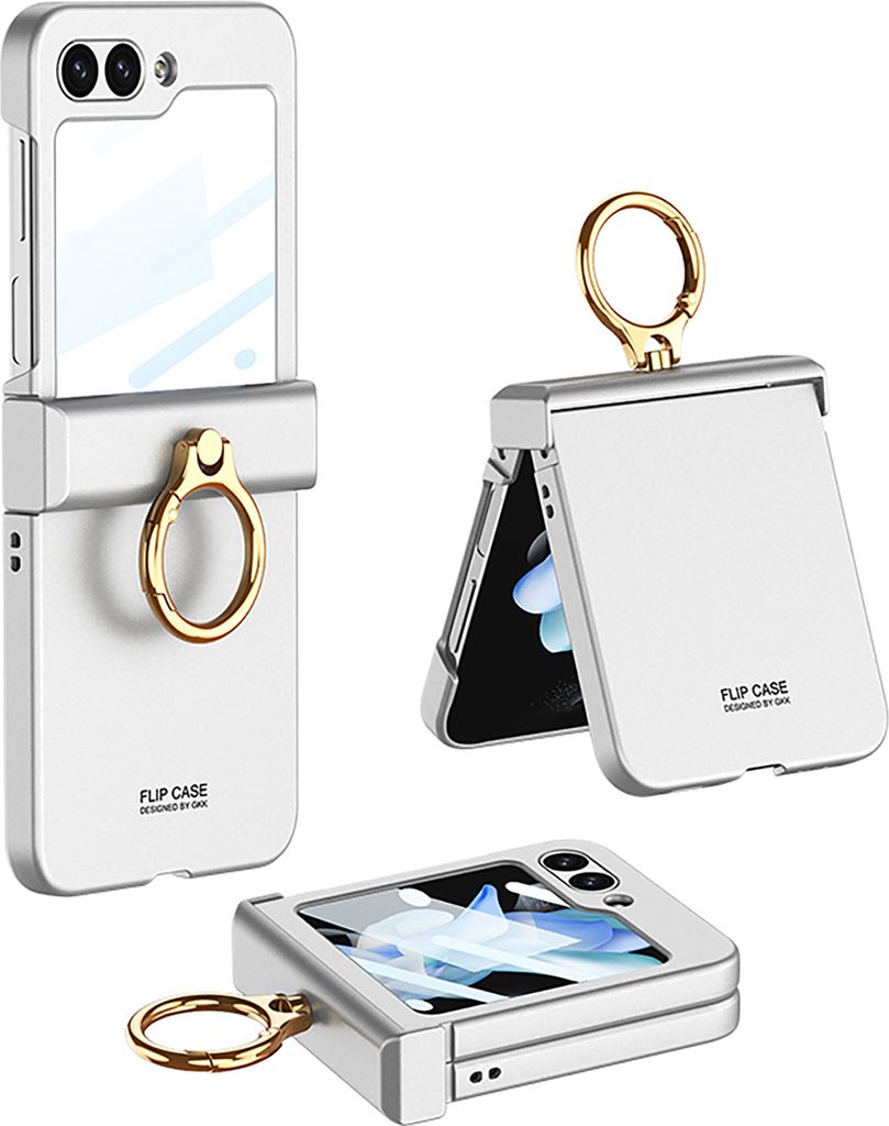 Hülle für Samsung Galaxy Z Flip 5 Hart PC Schutzhülle Eingebauter Displayschutz mit Scharnierschutz und Ringständer Silber