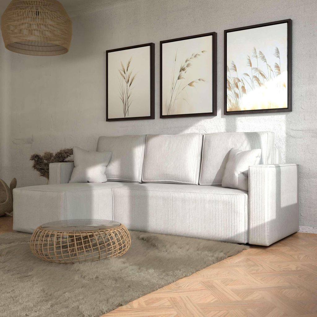 QLA Möbel Ecksofa Madrid mit Schlaffunktion, Sofa mit Bettkasten, Wohnzimmersofa, Couch, Soffa, Bettsofa. Farbe: Beige