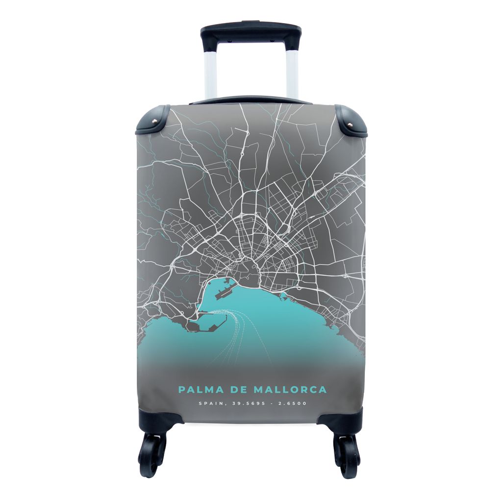 MuchoWow Koffer Handgepäck Trolley Rollkoffer Kleine Reisekoffer mit 4 Rollen - Mallorca - Stadtplan - Karte - Blau - Cabin Size < 55x40x23 cm &...