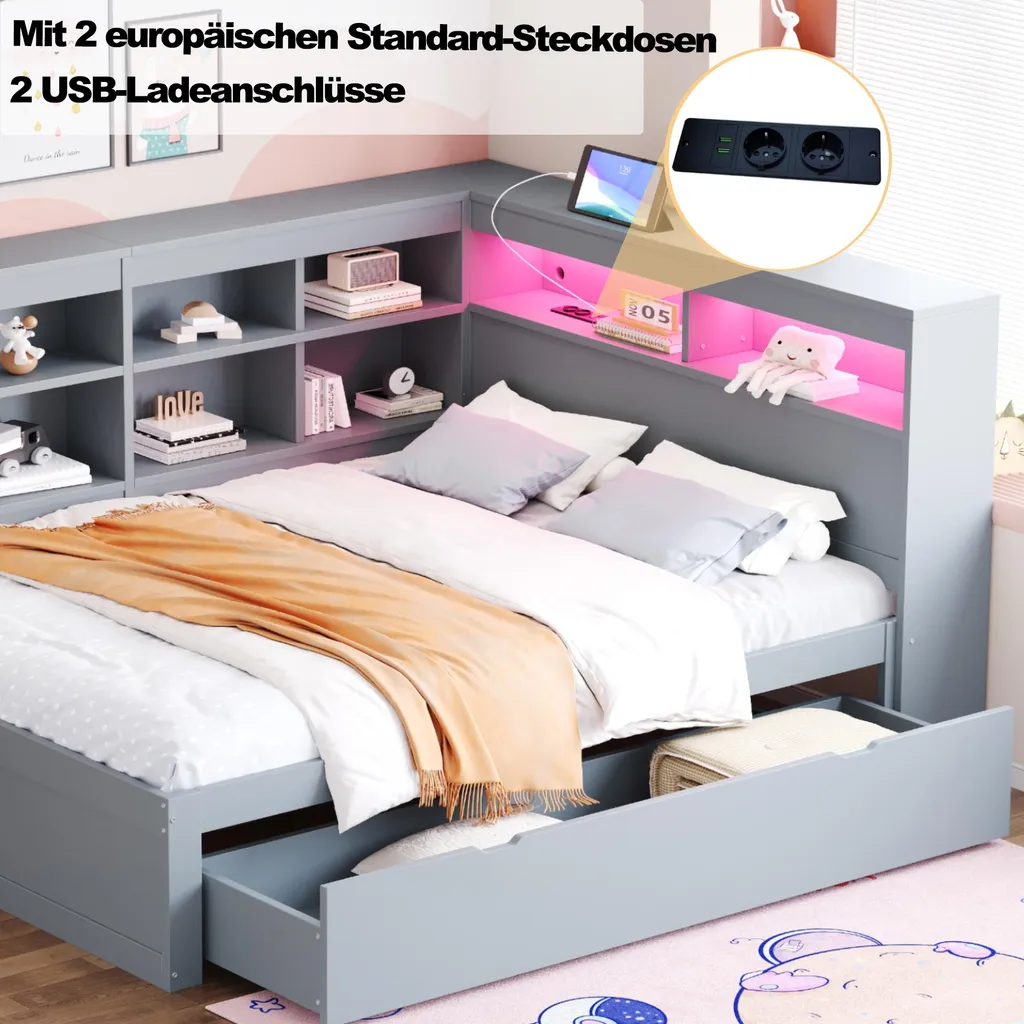 Lit double 140x200 Fortuna Lai en bois gris avec USB et LED intégrées