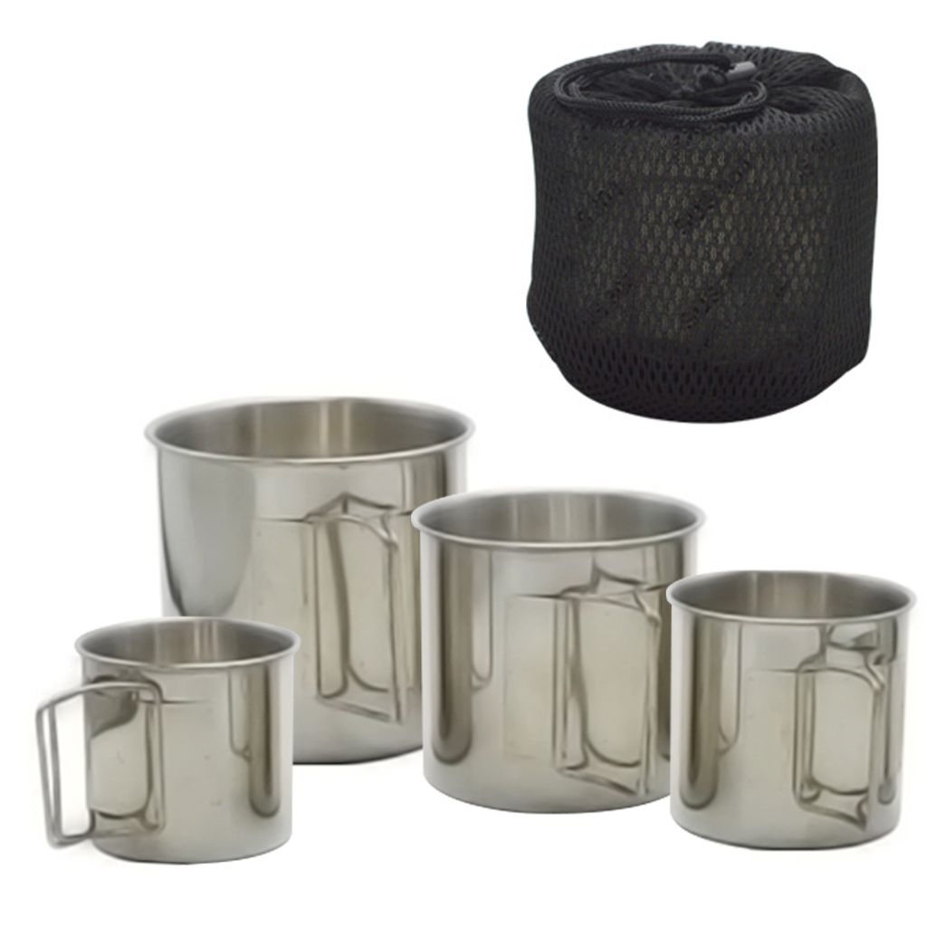 Camping-Wasserbecher, Kaffeebecher mit faltbaren Griffen, 4-teiliges Edelstahlbecher-Set fuer Outdoor-Camping, Wandern, Angeln, Rucksackreisen, Pic...