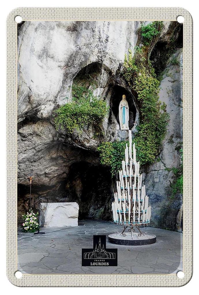 Blechschild Reise 12x18cm Frankreich Lourdes Jesus Kerzen Natur Schild