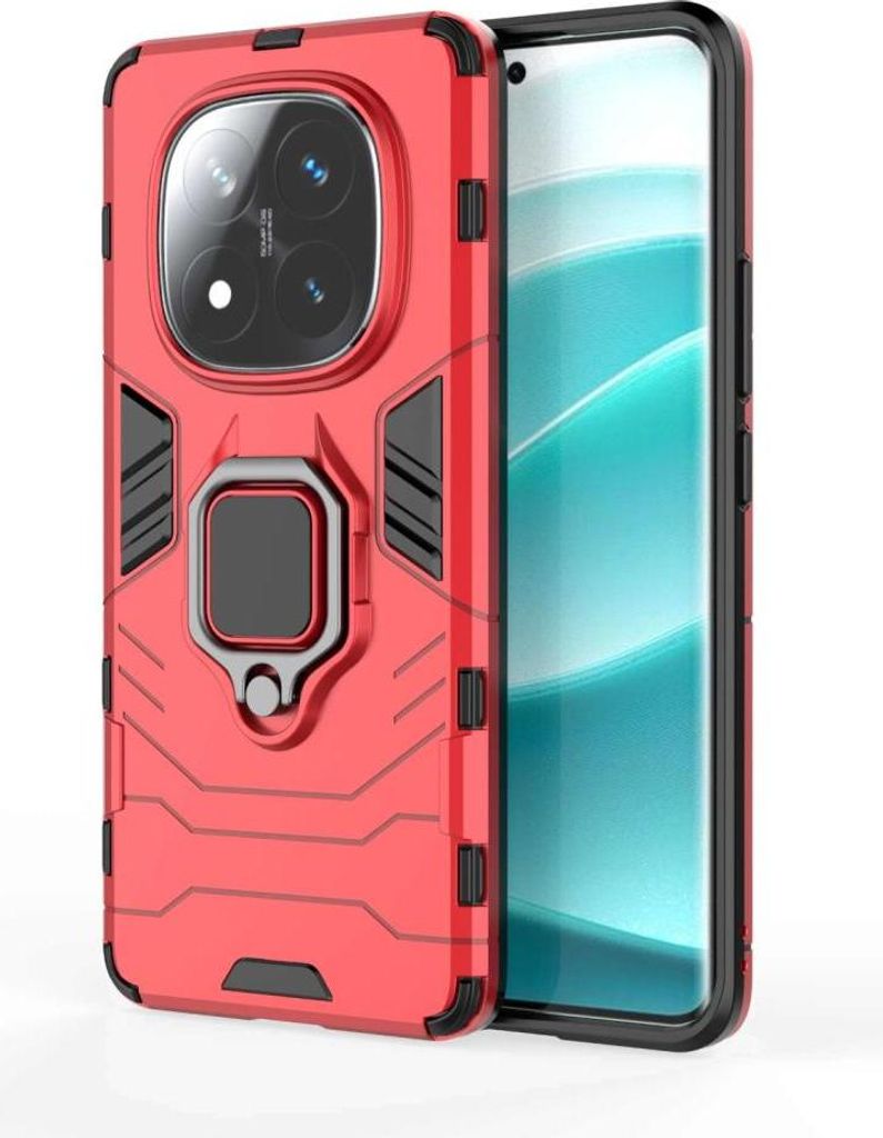 A red phone case with a ring holder is shown against a white background.