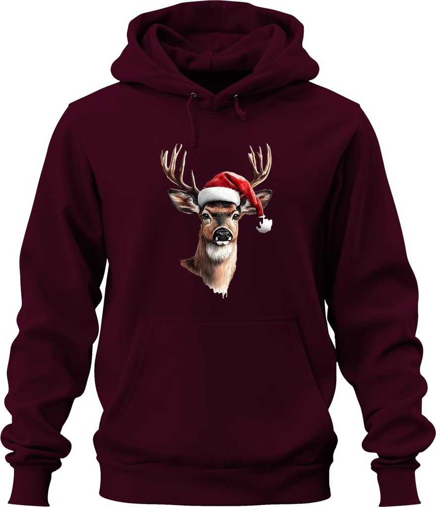 Rentier Hirsch Geweih Santa Hut Weihnachten Geschenk Vintage Uni Hoodie Kapuzenpullover, Burgundy, L