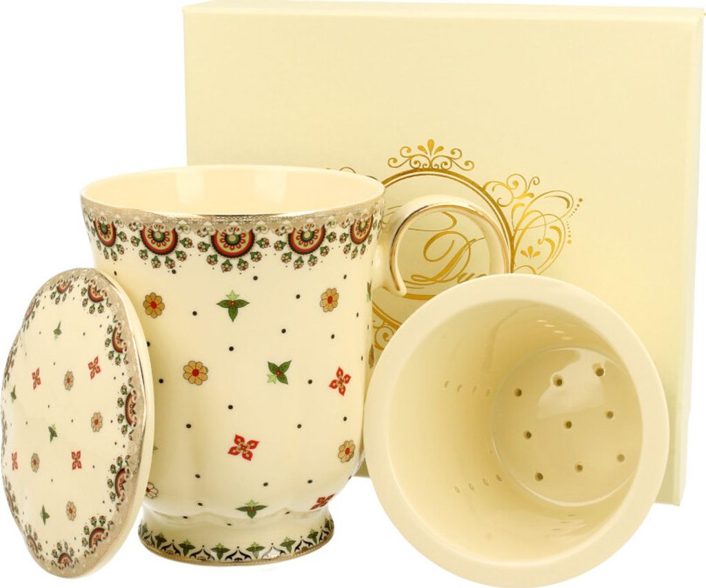 DUO ECRU Becher 450 ml CASABLANCA mit Teesieb, New Bone China Porzellan