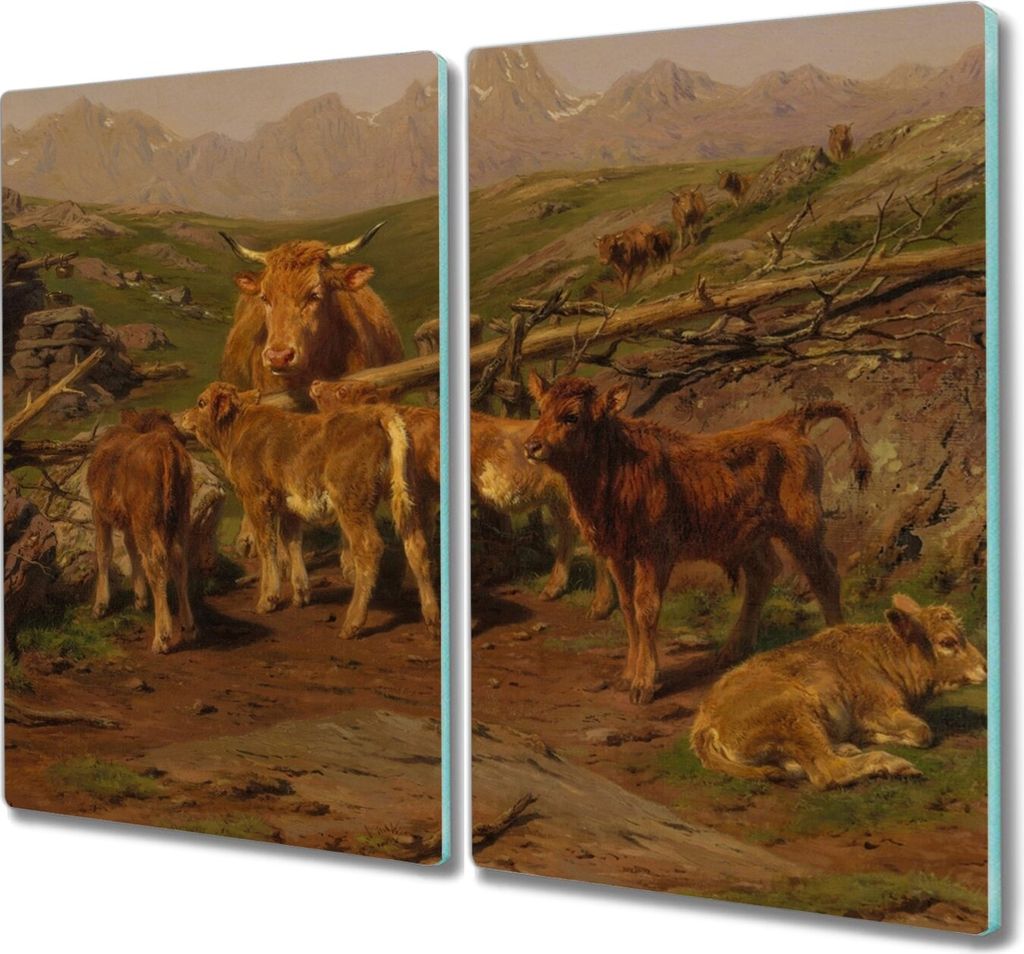 Coloray Hackbrett Herdabdeckplatte 2x30x52 cm Küchenbrett Kochplattenabdeckung Schneidebrett - Tiere Kuh Landschaft