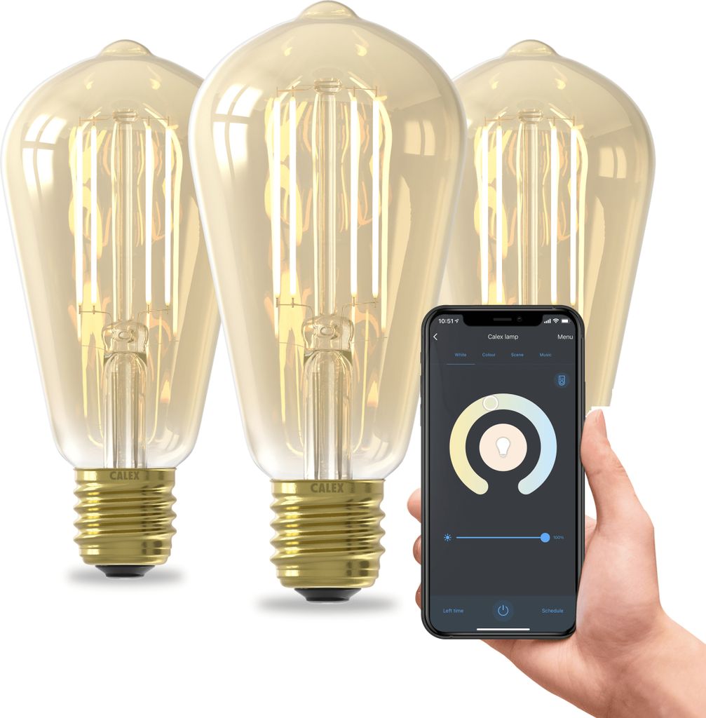 A hand holding a smartphone displaying a smart lighting app, with three smart LED bulbs in the background.