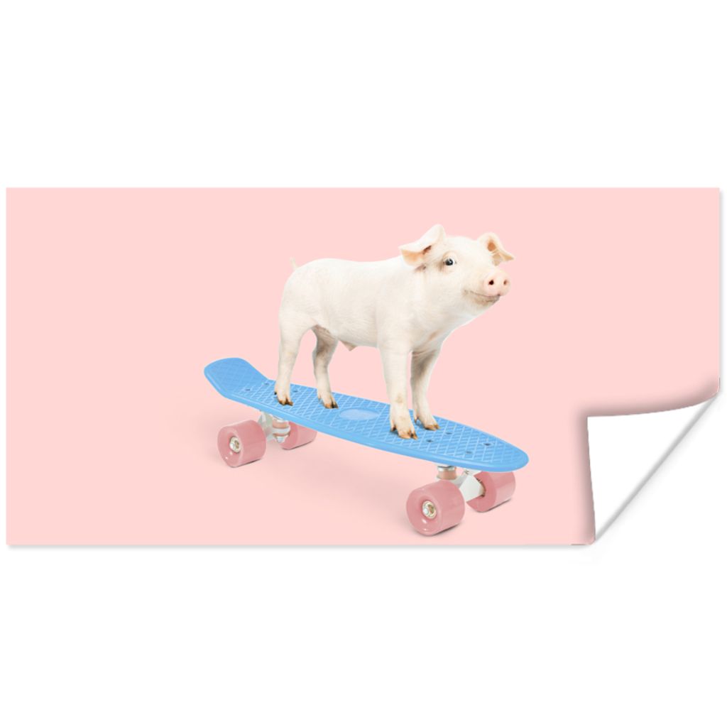 MuchoWow Poster Schwein - Rosa - Skateboard - Blau - Tiere 40x20 cm - Poster für die Wand - Poster Schlafzimmer