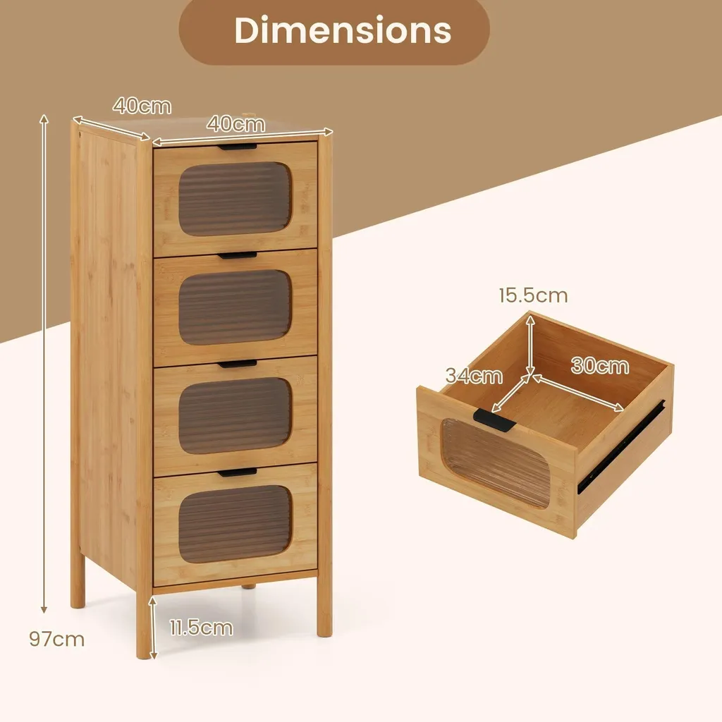 Commode Gain de Place 4 Tiroirs en Bambou - Rangement Style Rétro - 3