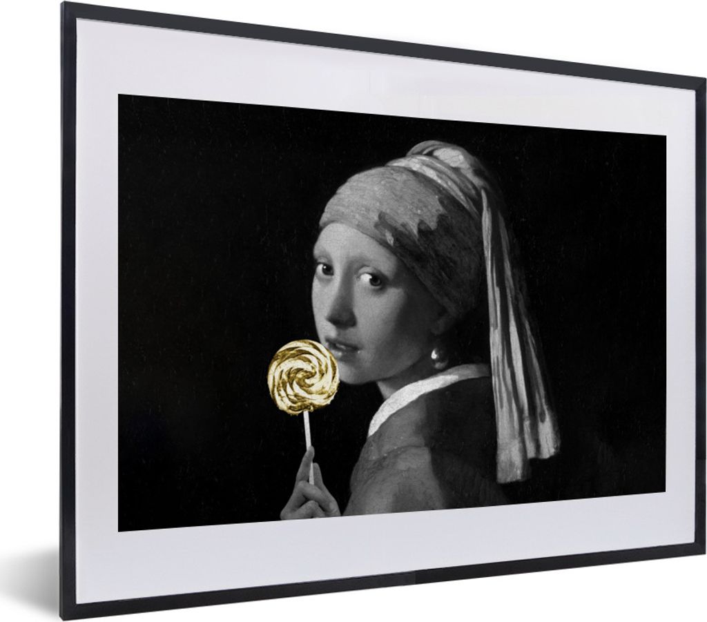 MuchoWow Gerahmtes Poster Mädchen mit Perlenohrring - Johannes Vermeer - Schwarz und weiß 40x30 cm - Poster mit Schwarzem Bilderrahmen Wandpost...