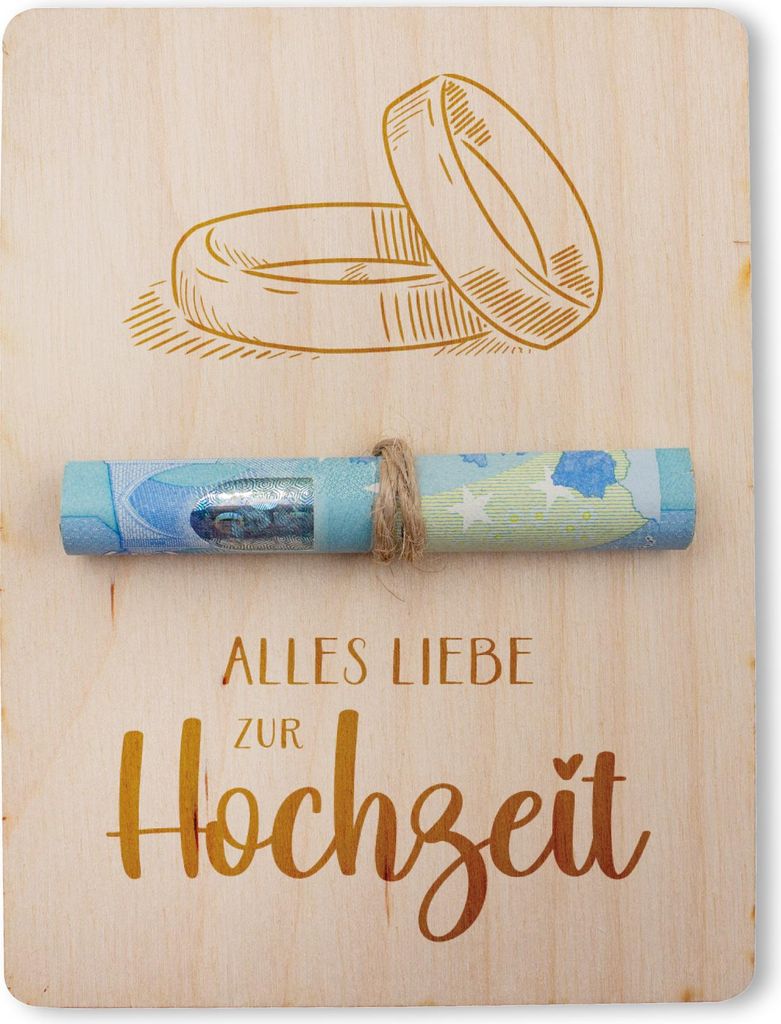 Verpackung für Geldgeschenk Gutschein Holz Tafel 12x9cm mit Schnur 04 Hochzeit