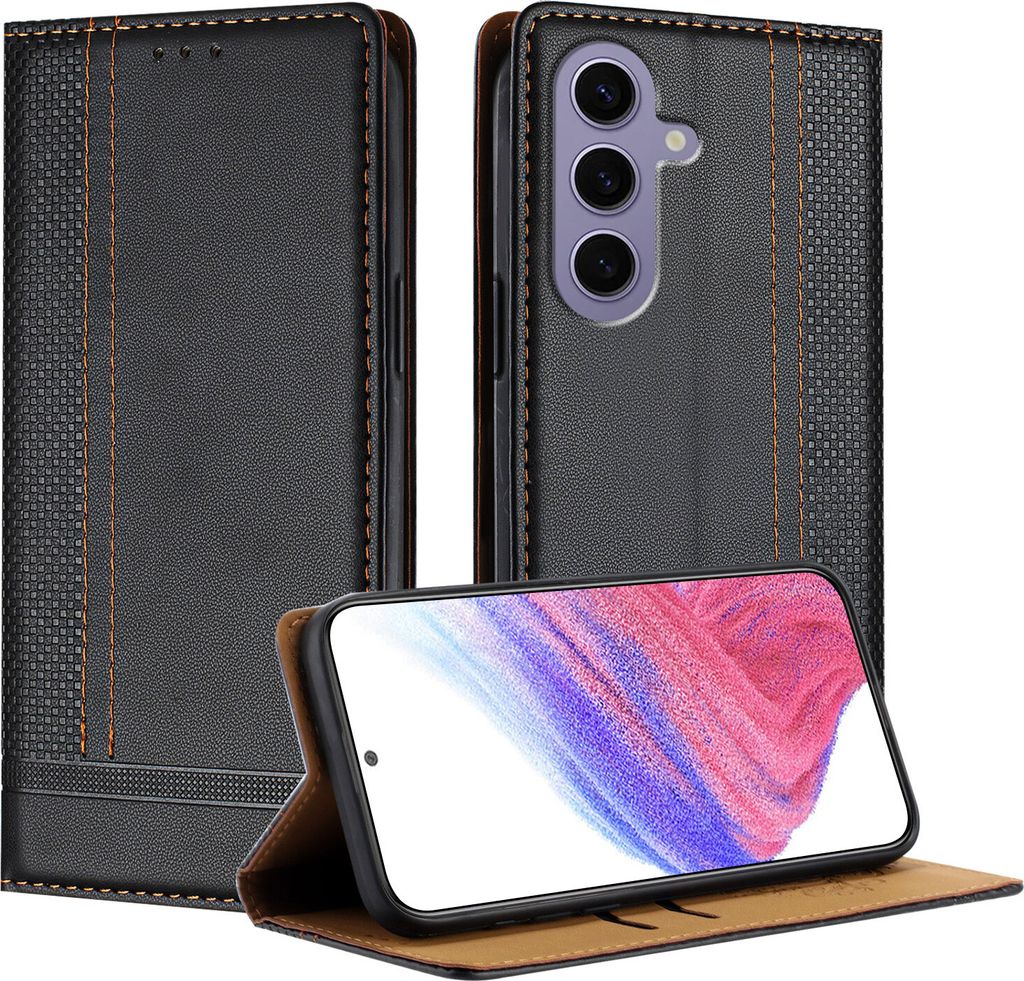 Handyhülle für Samsung Galaxy S25 Leder Flip Klappbare Schutzhülle mit Standfunktion Schwarz