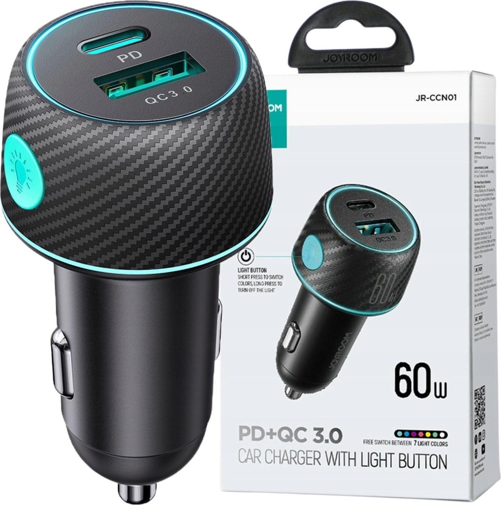 Chargeur de voiture 60W Usb-C Usb-A Joyroom Jr-Ccn01 - Noir Image du produit 