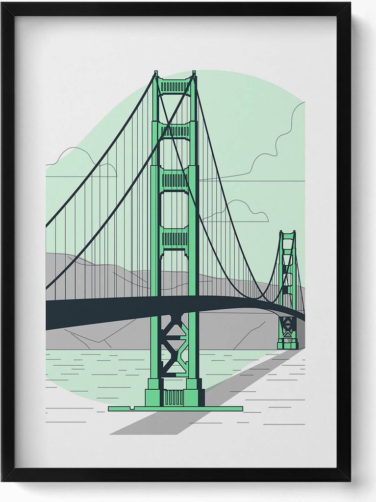 Zeichnung der Golden Gate Bridge– Wandbild mit Rahmen – Gerahmtes Bild – Wanddekoration – 50x70 cm – Schwarz Rahmen
