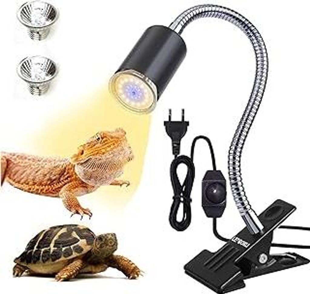 Schildkröten Wärmelampe, 2 * 25 W Glühbirne, dimmbar Aquarium Reptilien Lampe, 360° Schwenkklemme Clip, für Reptilien, Eidechsen, Schildkröte...