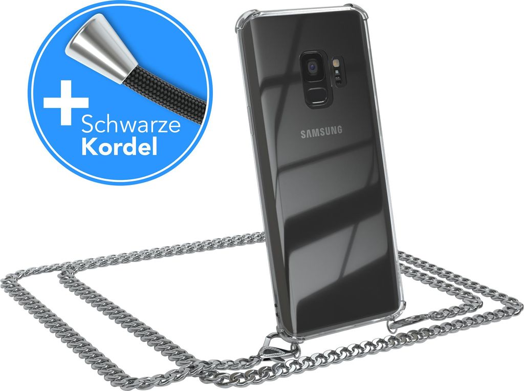 EAZY CASE Metall Handykette für Samsung Galaxy S9, Handyhülle mit Umhängeband, Silikonhülle, Metallkette für Smartphone in Silber