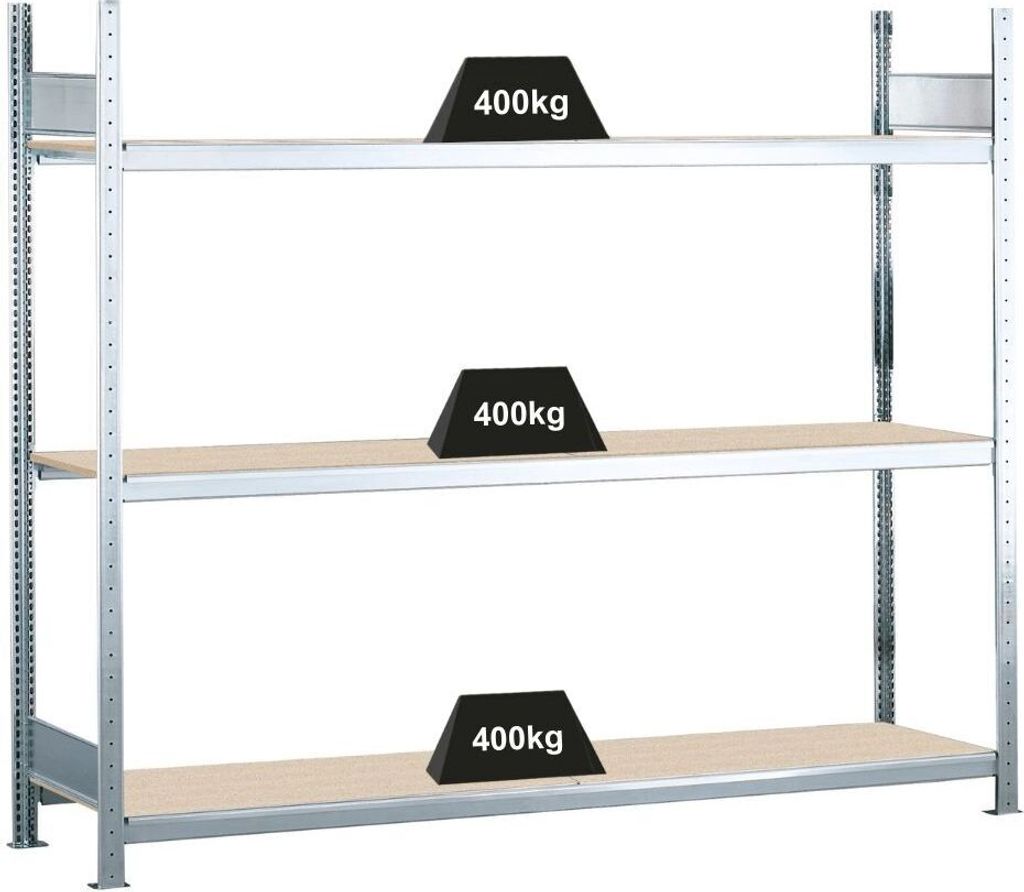 Schulte Weitspannregal mit Spanplatten WS 2000 | Grundregal | HxBxT 200x150x40cm | 3 Ebenen | Fachlast 400kg | Verzinkt