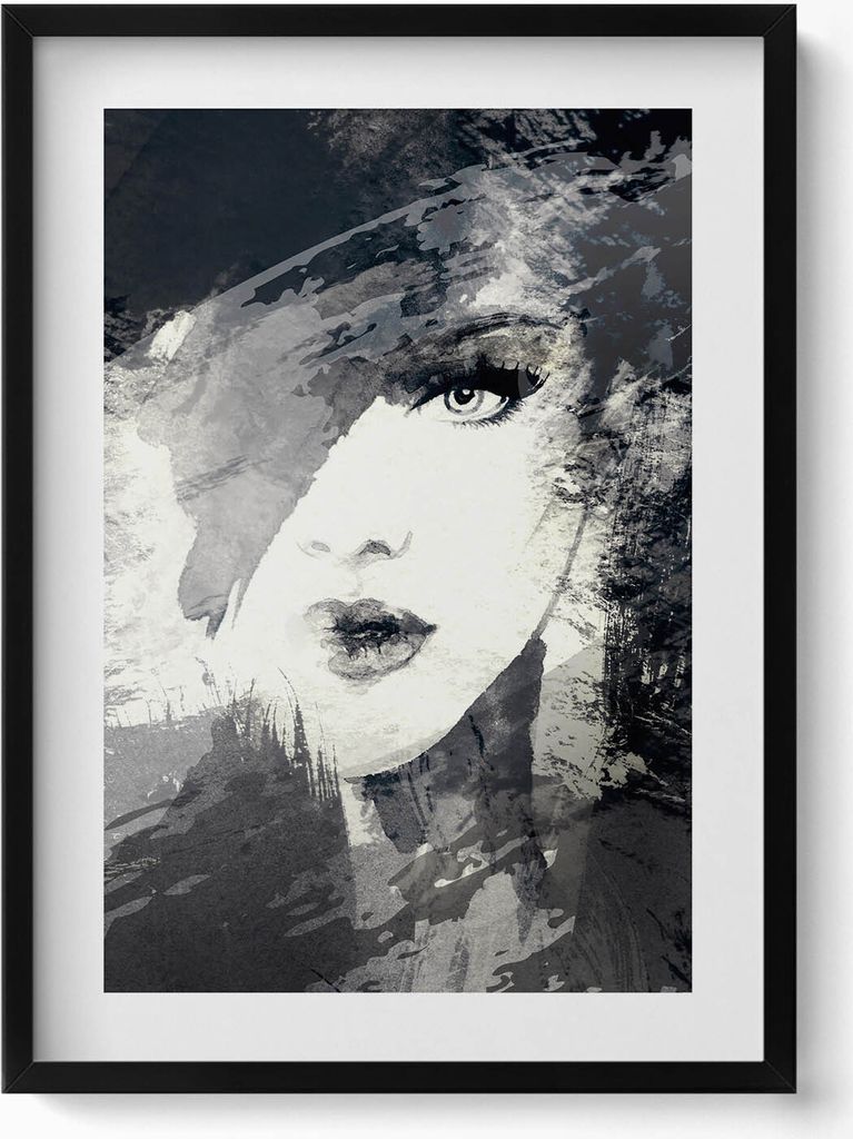 Frau im Aquarellstil– Wandbild mit Rahmen – Gerahmtes Bild – Wanddekoration – 50x70 cm – Schwarz Rahmen