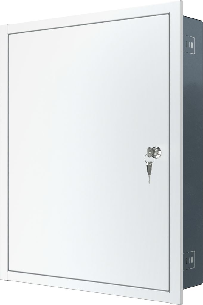 A white metal cabinet with a key lock is shown from a diagonal angle.