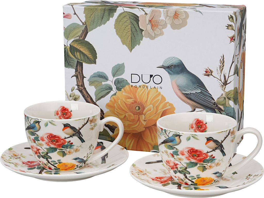 DUO Flowers Classic APRIL 2er-Set Tassen 270 ml mit Untertassen, New Bone China Porzellan