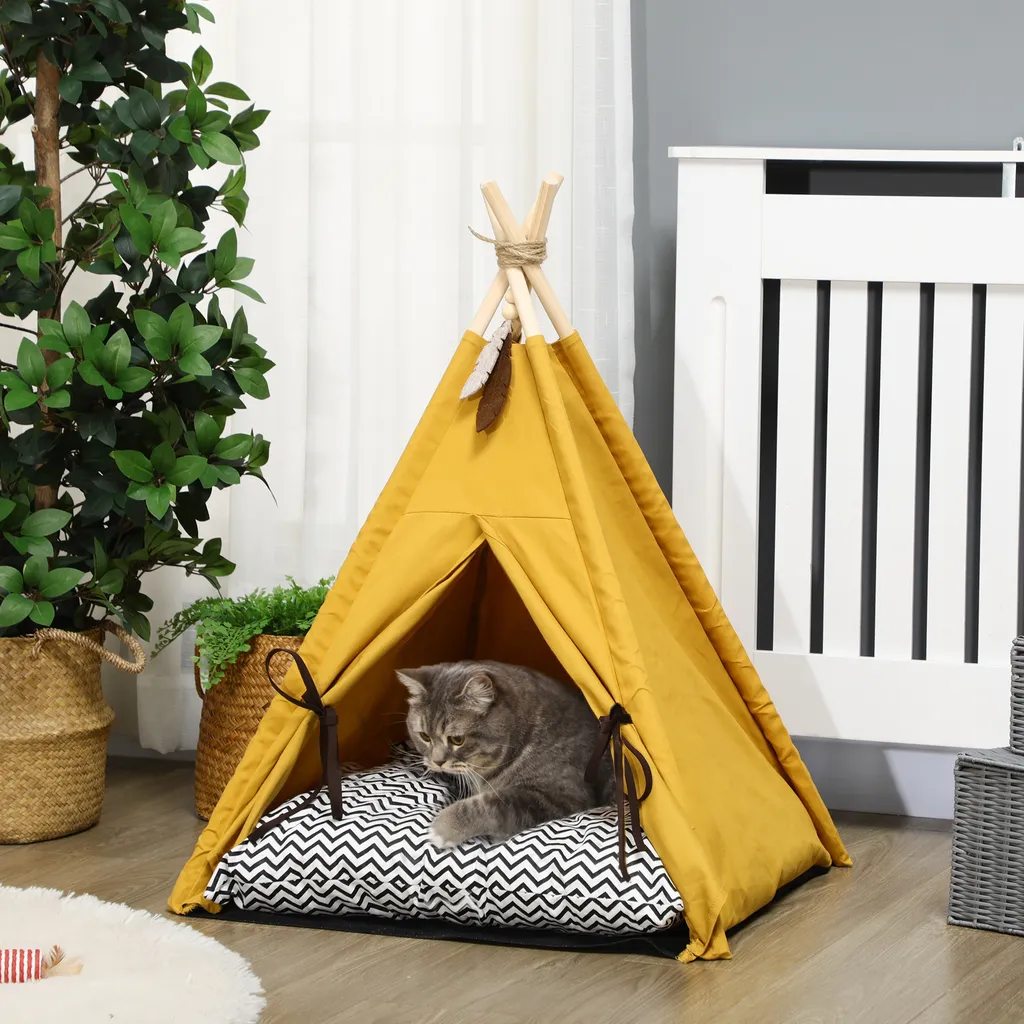Tenda PawHut Gialla per Gatti < 5kg | Riduzione Stress e Massimo Comfort - 2