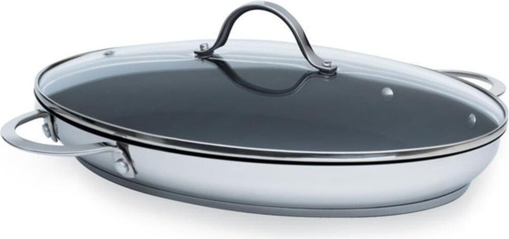 A stainless steel frying pan with a glass lid and two handles, shown from a slightly elevated side angle against a white background.