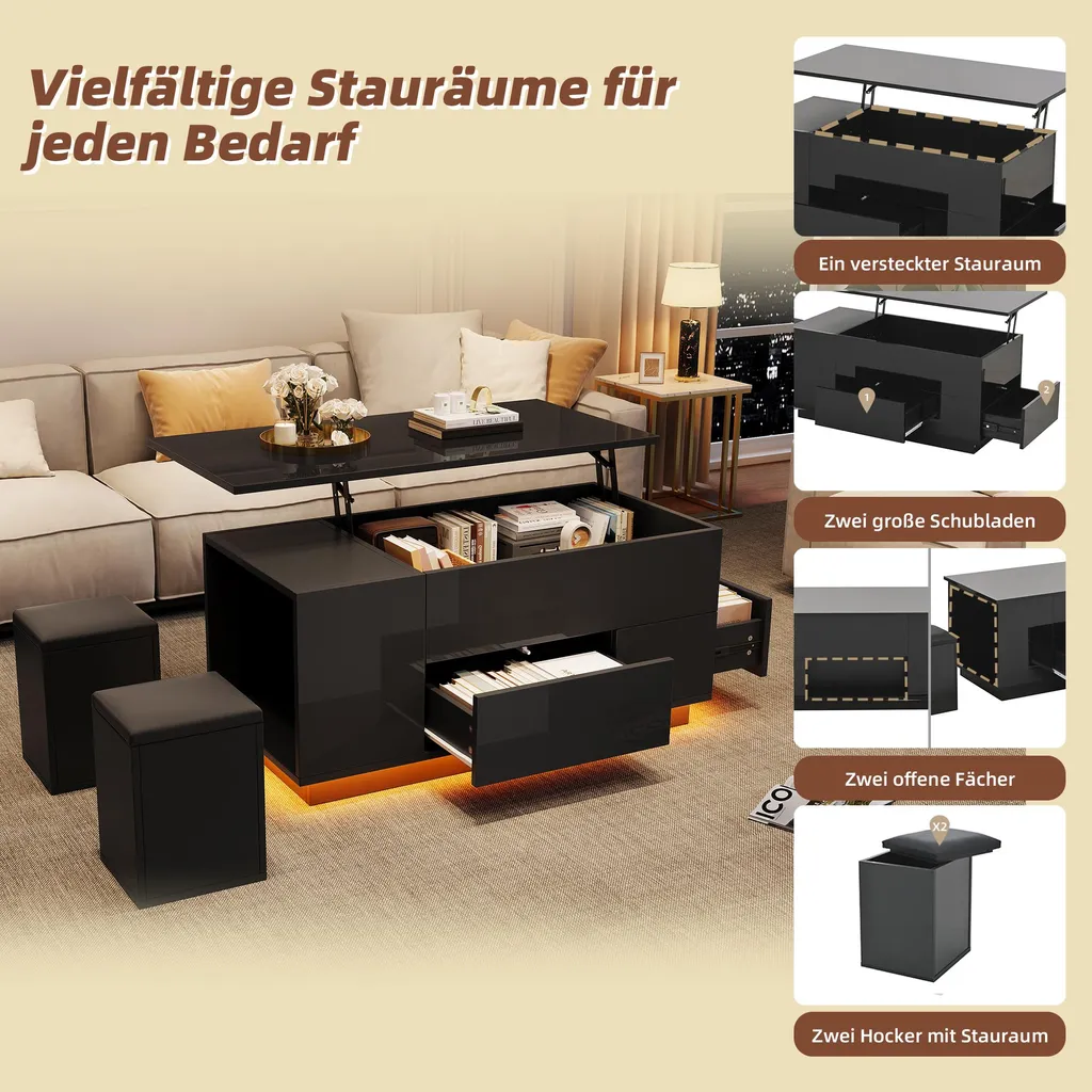 Table Basse Modulable 4 en 1 Idéale pour Petits Espaces et Soirées LED