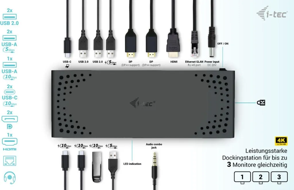 i-tec USB-C Triple Display Docking Station Gen 2 PD 100W pour PC Portable