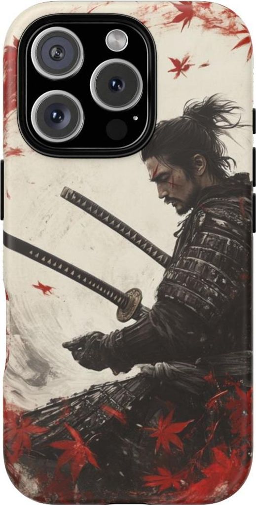 Samurai mit zwei Katanas und roten Ahornblättern – Hülle Kompatibel mit iPhone 16 Pro