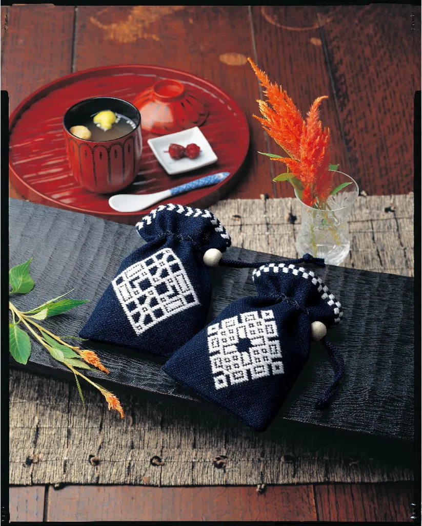Kit Ricamo Kogin Olympus Kinchaku Navy Neko-No-Ashi - Originale Giappone