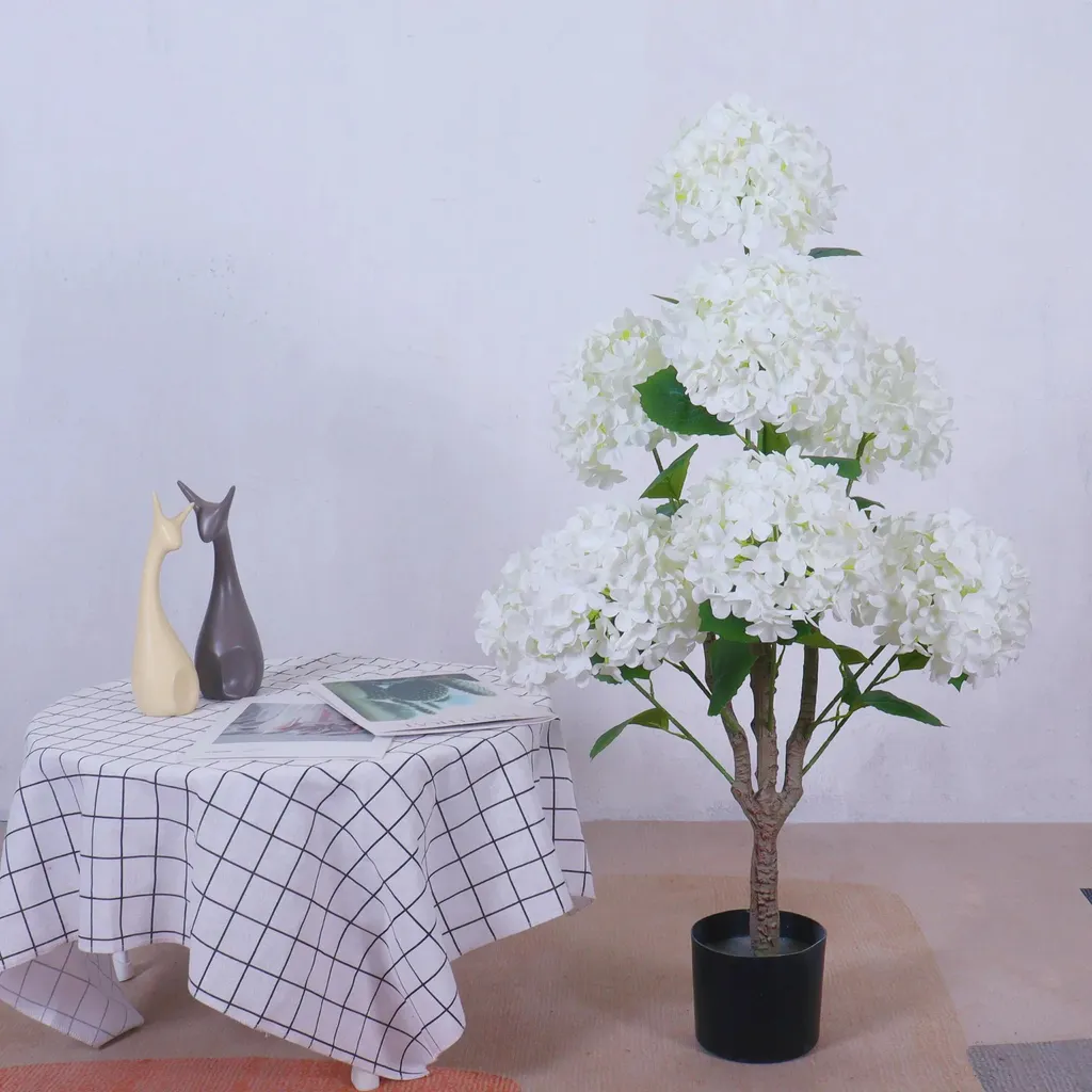 Bonsaï Hortensia Blanc Artificiel 90 cm - Plante de Table pour Balcon - 9