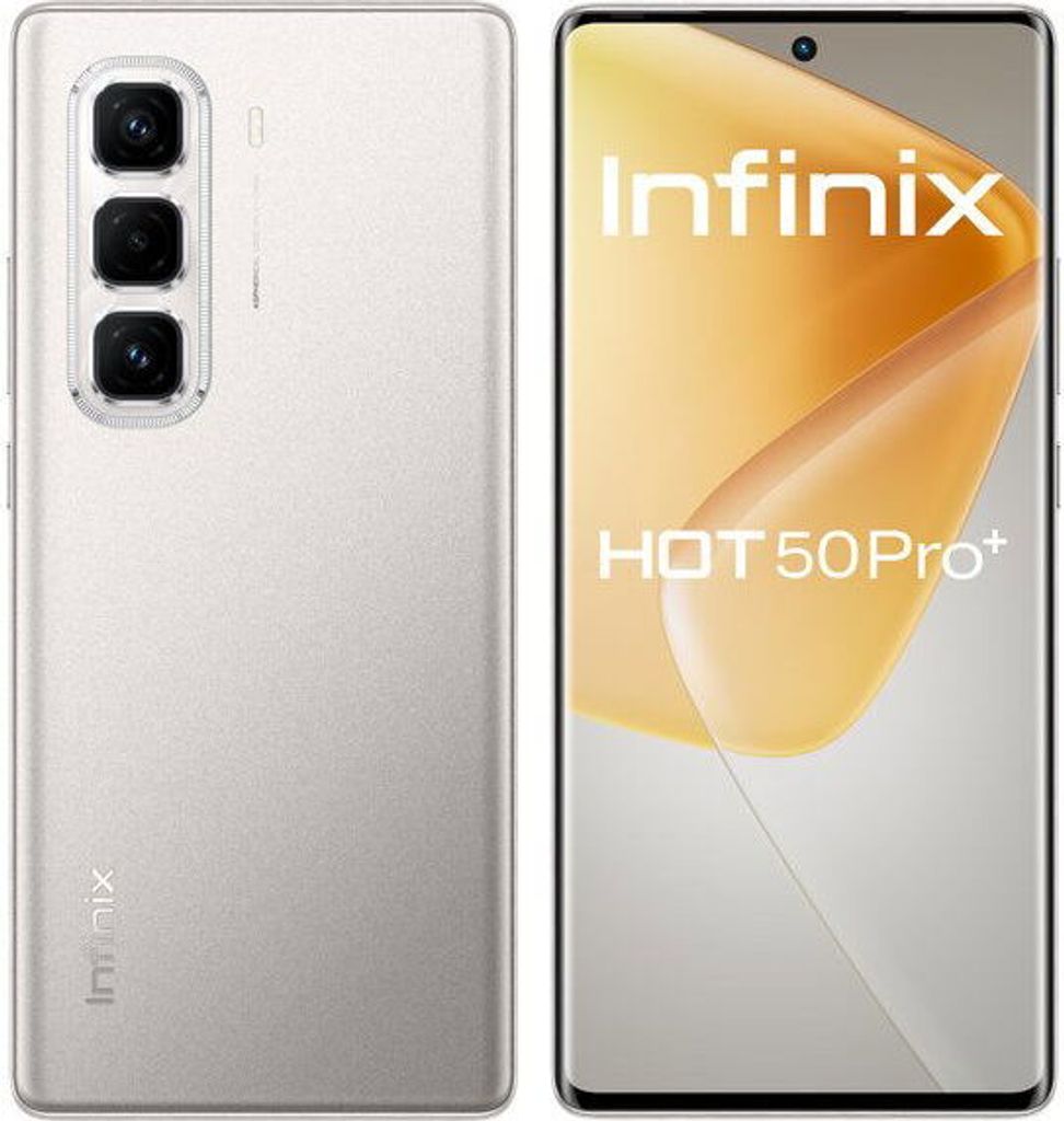 A split image showing the front and back of a white Infinix Hot 50 Pro smartphone.