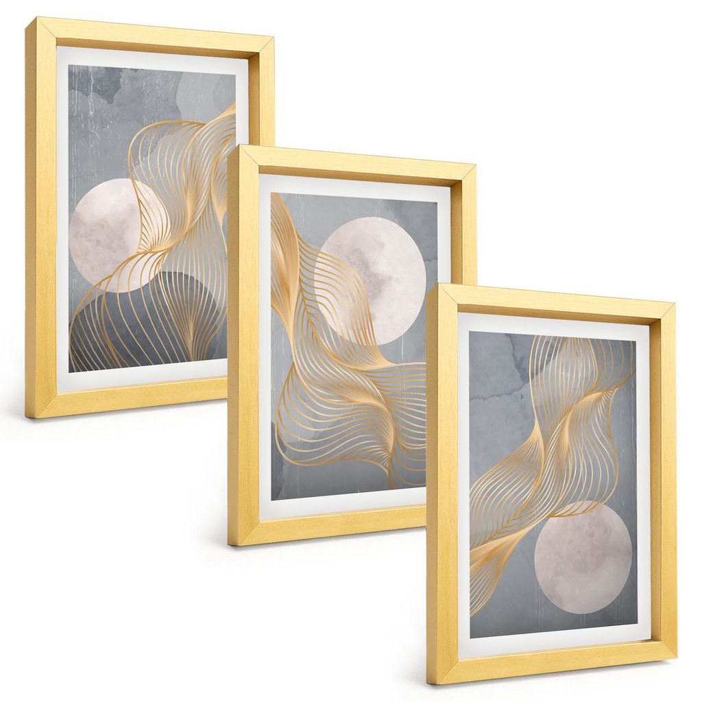 Bilder Set 3-teilig im Goldrahmen Rahmen – Wandbilder 3 Stück – gerahmte Poster für Wohnzimmer, Schlafzimmer und Flur – 20x30 cm – Abstra...