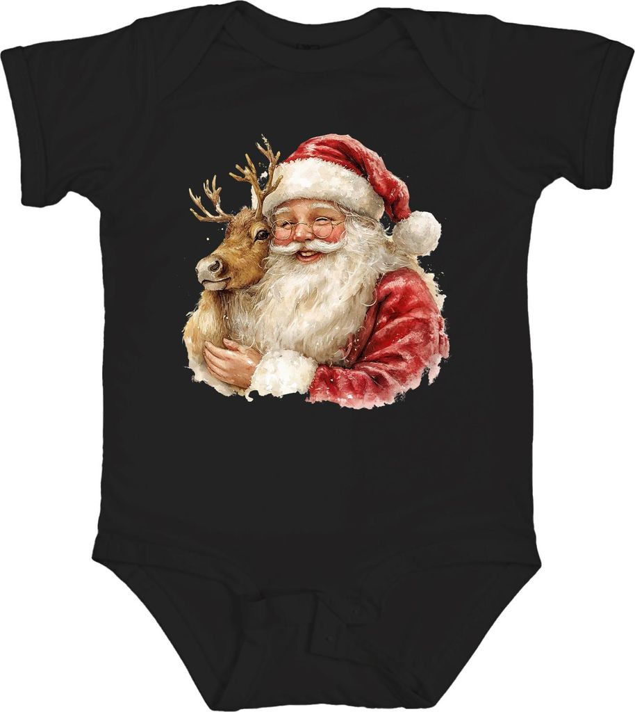 Weihnachtsmann Rentier Aquarell Weihnachten Geschenk Vintage Unisex Baby Body, Schwarz, 6/12