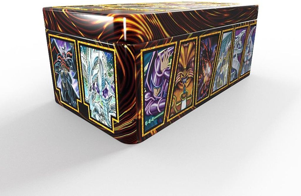 A 3D render of a Yu-Gi-Oh! tin box with various monster illustrations on its sides.