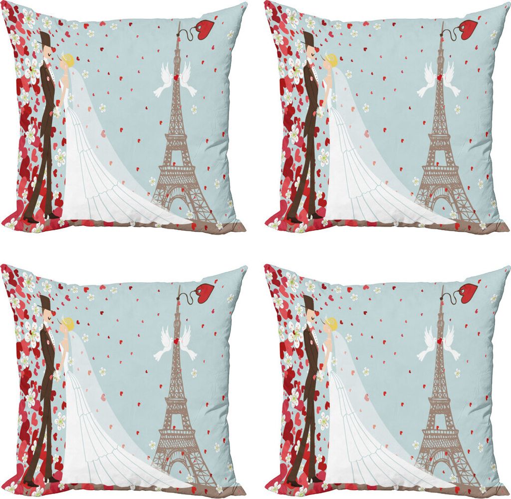 ABAKUHAUS Hochzeit Kissenbezug Set (4 Stück), Französisch Paar und Herzen, Moderner Doppelseitiger Digitaldruck, 40 cm x 40 cm, Blau, Rot, Weiß