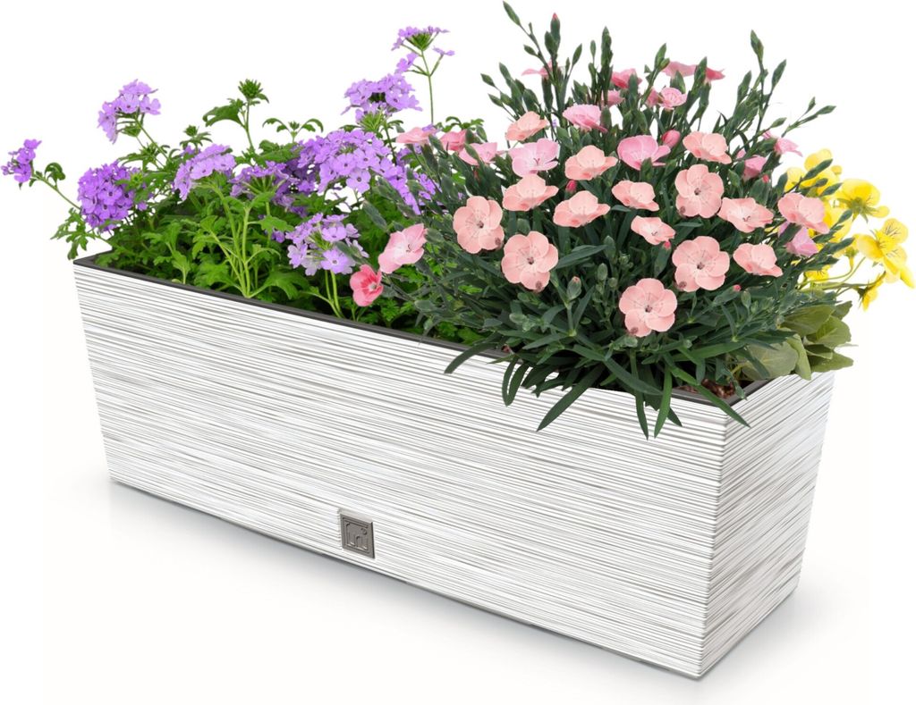 Blumenkasten Meißel Balkonkasten Pflanzkasten Weiß L 58 cm mit Topf Einsatz Pflanzkübel Einzigartiger Blumentopf Kunststoff