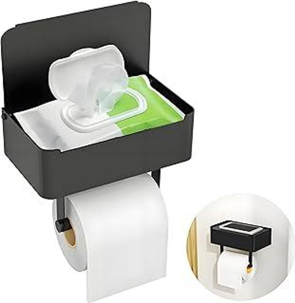 Toilettenpapierhalter mit Feuchttücherbox, Gypie Toilettenpapierhalter Ohne Bohren, Klopapierhalter Schwarz, 304 Edelstahl Klorollenhalter, Wc Pap...