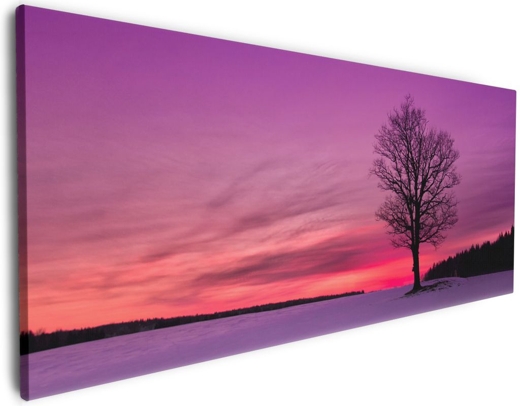 Wallario Premium Leinwandbild Mond und Baum am Abend bei Schnee in Größe 50 x 125 cm