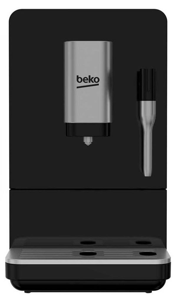 A front view of a black and silver electric coffee machine.