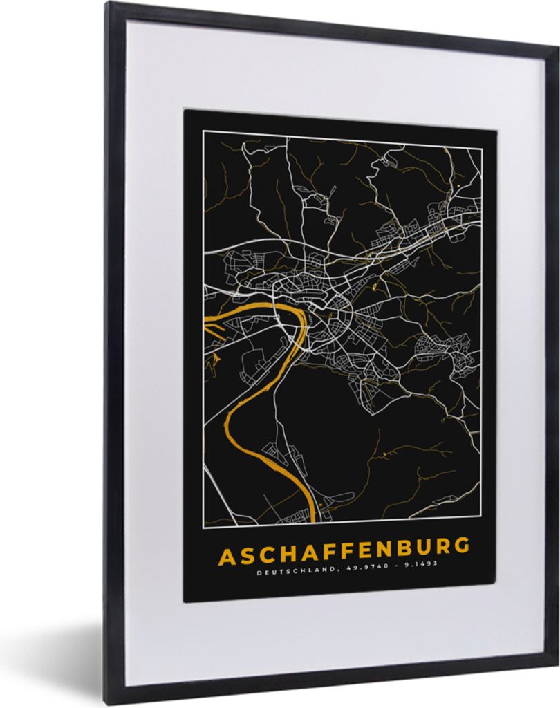MuchoWow Gerahmtes Poster Gold - Deutschland - Karte - Stadtplan - Aschaffenburg 30x40 cm - Poster mit Schwarzem Bilderrahmen Wandposter Rahmen F...