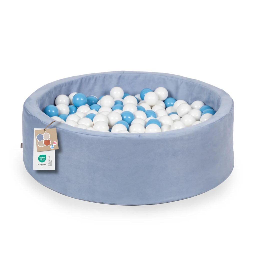 Bällebad Kinder ?100cm – Bällepool Baby Rund mit 200 Bällen – Spielpool für Kleinkinder – Indoor Spielspaß (Blau Samt, Weiß/Blau)