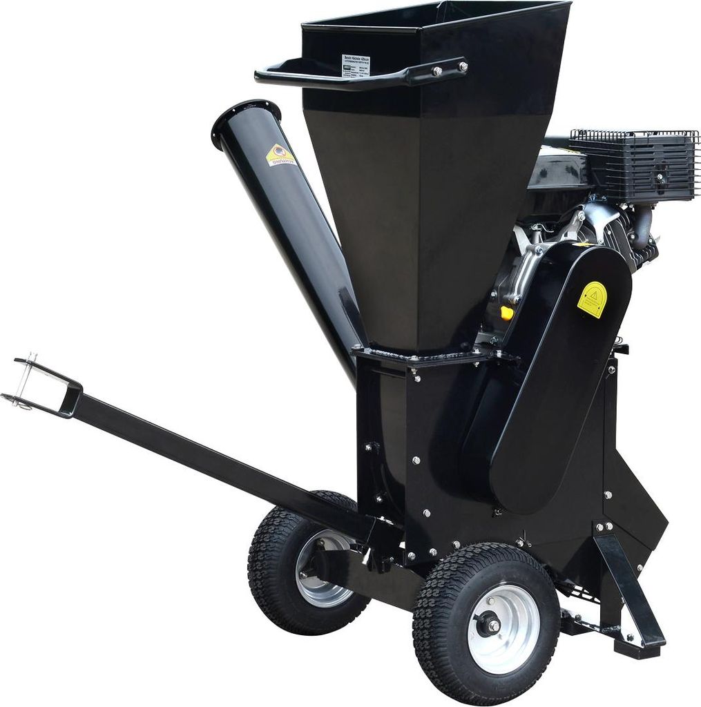 A black chipper shredder with two wheels and a tow bar, shown against a white background.