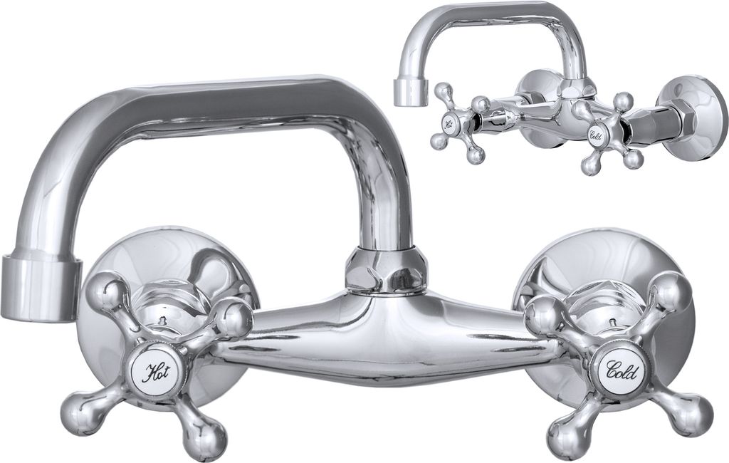 Granitan | Wandmontierte Spültischarmatur Retro Küche Klassisch – Gebürstetes silber, Schwenkbarer Auslauf